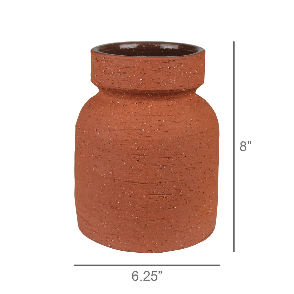 The HomArt Kosta Vase, Terra Cotta Cement - Short, features a rustic, unglazed textured brown geometric design with a wide round body and narrow neck. It measures 8" tall by 6.25" wide.