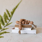 A stack of books topped with the Clay Garland Terracotta + Jute by Foreside Home & Garden, artisan-made in India, rests on a light textured surface with a blurred green fern frond in the foreground.