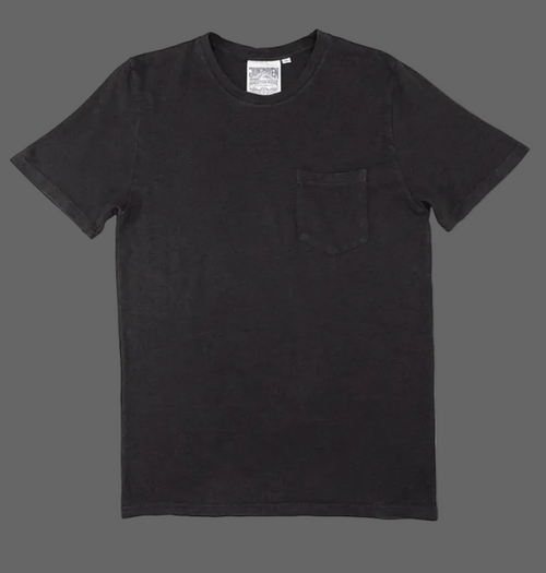 Black t-shirt with a pocket on a grey background