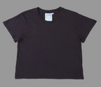 Black t-shirt with a brand label on a white background