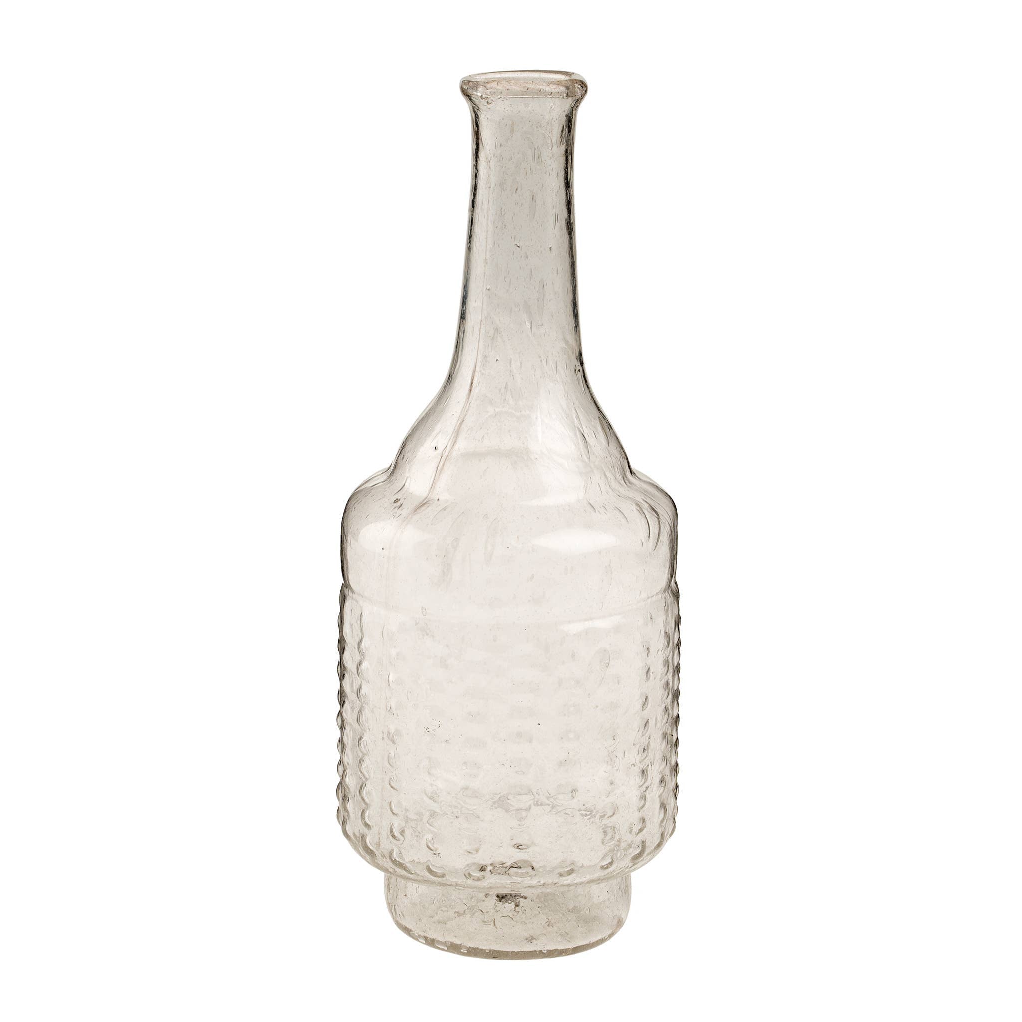 The Indaba Trading Recycled Glass Bottle Vase, Clear, features a long narrow neck, rounded body with a textured dimpled pattern, and flat base. This vintage-inspired vase is empty and displayed against a plain white background.