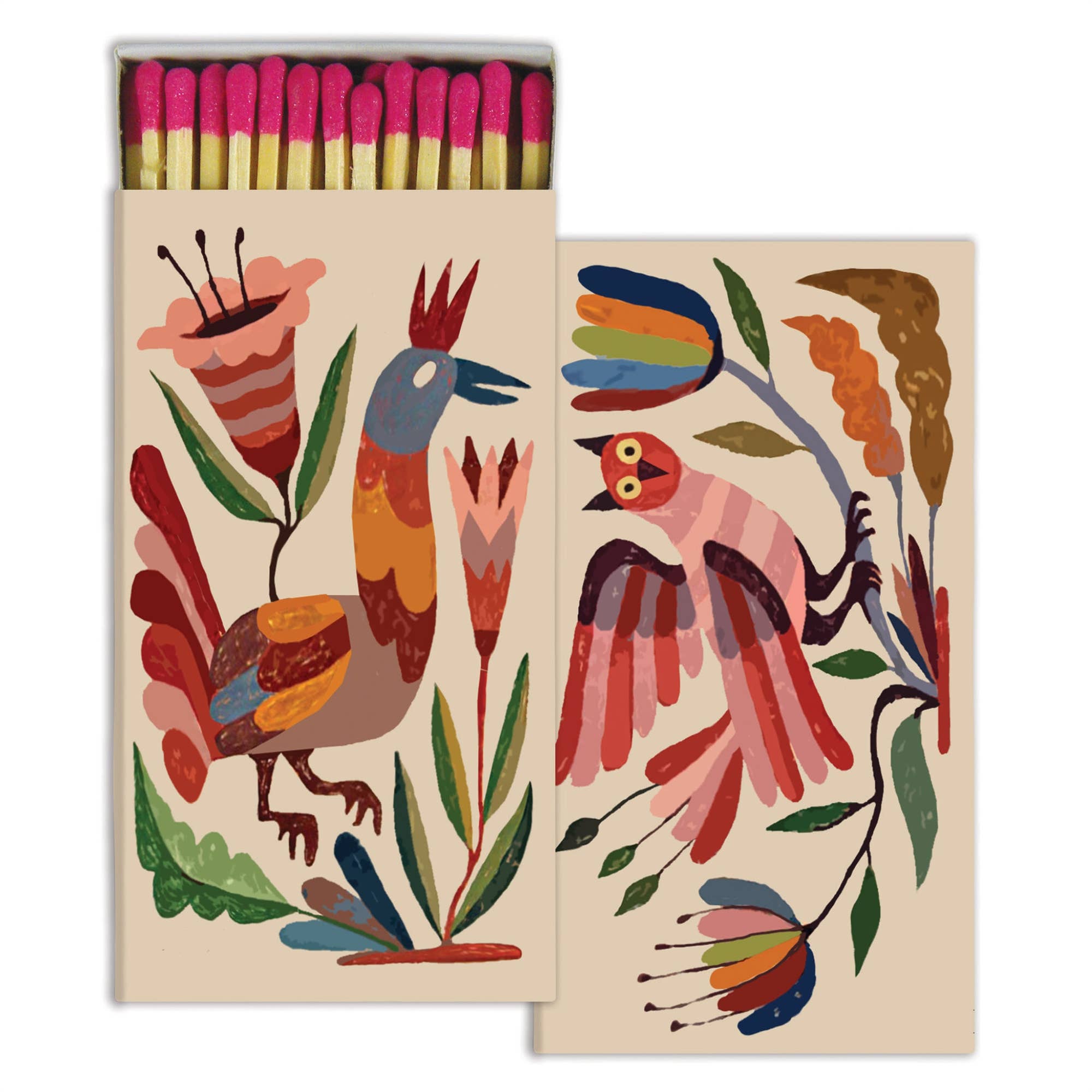The HomArt Matches - Mexican Birds matchbox features vibrant bird and plant illustrations in warm hues. Filled with safety matches, it's a charming hostess gift or a unique decorative accent for any room.