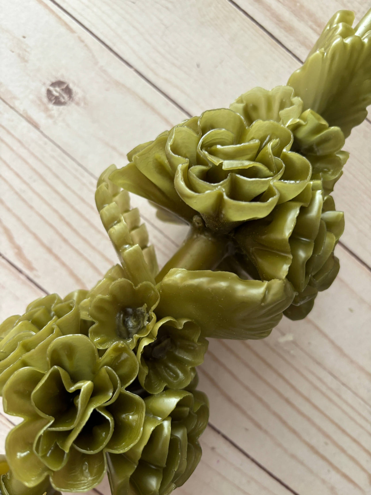 Olive Green Large Oaxaca Marigold Candle by Viva Greetings, a handmade olive green beeswax candle shaped like a cluster of marigold flowers.