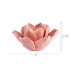 The HomArt Lotus Tea Light Holder - Pink is a hand-crafted ceramic holder shaped like a lotus flower, measuring 5" wide by 2.75" tall. Shown against a white background with labeled dimensions.