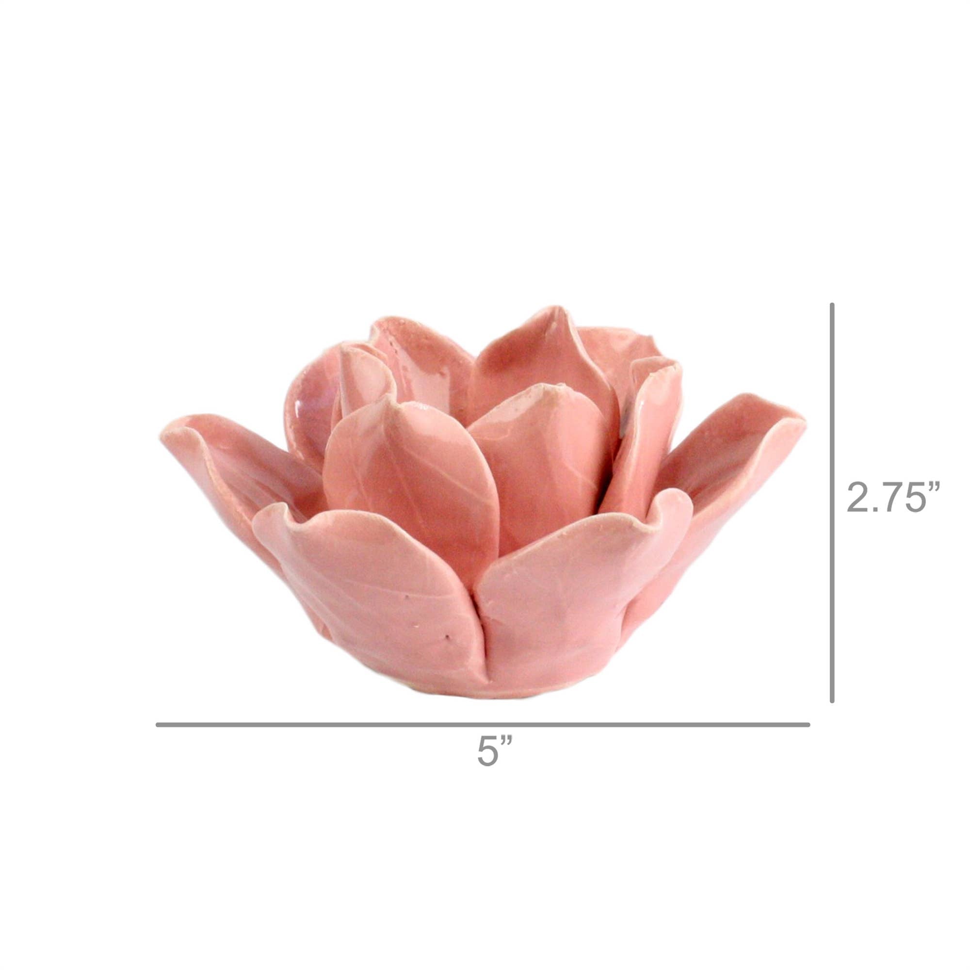 The HomArt Lotus Tea Light Holder - Pink is a hand-crafted ceramic holder shaped like a lotus flower, measuring 5" wide by 2.75" tall. Shown against a white background with labeled dimensions.