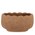The HomArt Sophia Scalloped Planter in terra cotta cement features a round, shallow shape, scalloped edge, and an earthy finish that enhances its beautifully textured surface.