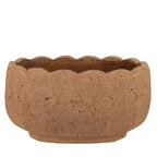 The HomArt Sophia Scalloped Planter in terra cotta cement features a round, shallow shape, scalloped edge, and an earthy finish that enhances its beautifully textured surface.