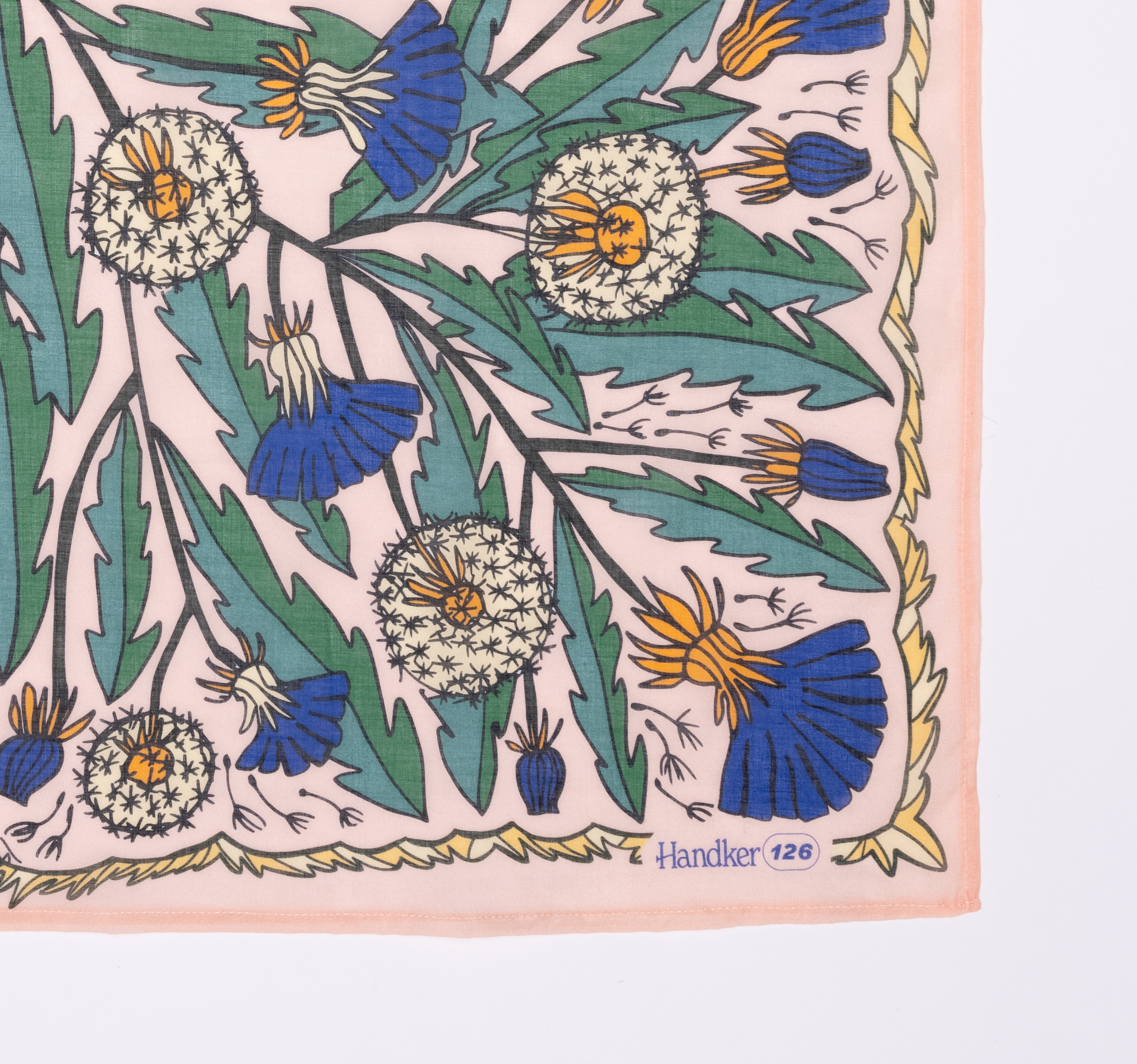 The 34" Dandy Wild Rag Bandana by Handker Bandanas is crafted from premium cotton with stylized dandelions, blue and yellow thistle-like flowers, and green leaves on a light background edged in soft orange.