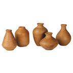 The HomArt Tiny Terra Cotta Vases - Set of 5 features small, unglazed vessels in assorted shapes and sizes, each displayed with dried buds for a natural accent against a white background.