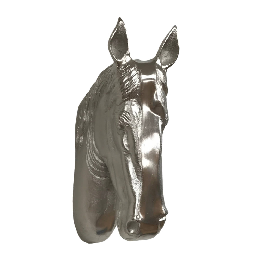 The Wilco Home Cast Aluminum Wild Horse Head is a forward-facing, shiny silver wall sculpture with a polished nickel finish, displayed against a plain white background.