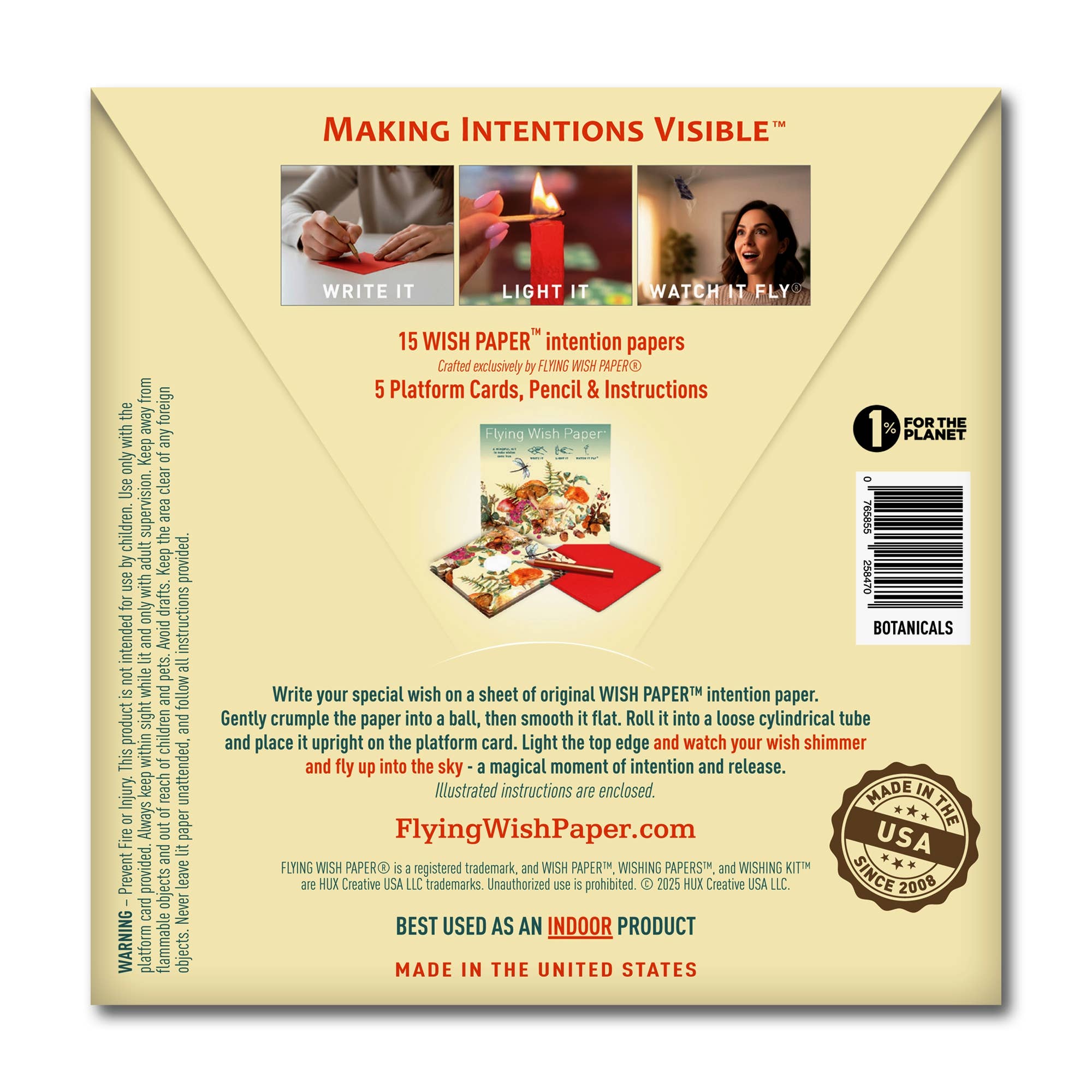 The back of a Flying Wish Paper® packet by FLYING WISH PAPER ® shows how to write, light, and launch wishes, and lists 15 intention sheets, wish-launching platforms, a pencil, and clear step-by-step instructions.