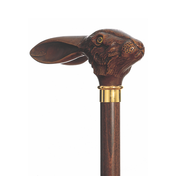 The Harvy Canes Rabbit Cane features a rabbit head-shaped handle with detailed ears and face, a sturdy beechwood shaft, and a gold-colored collar.