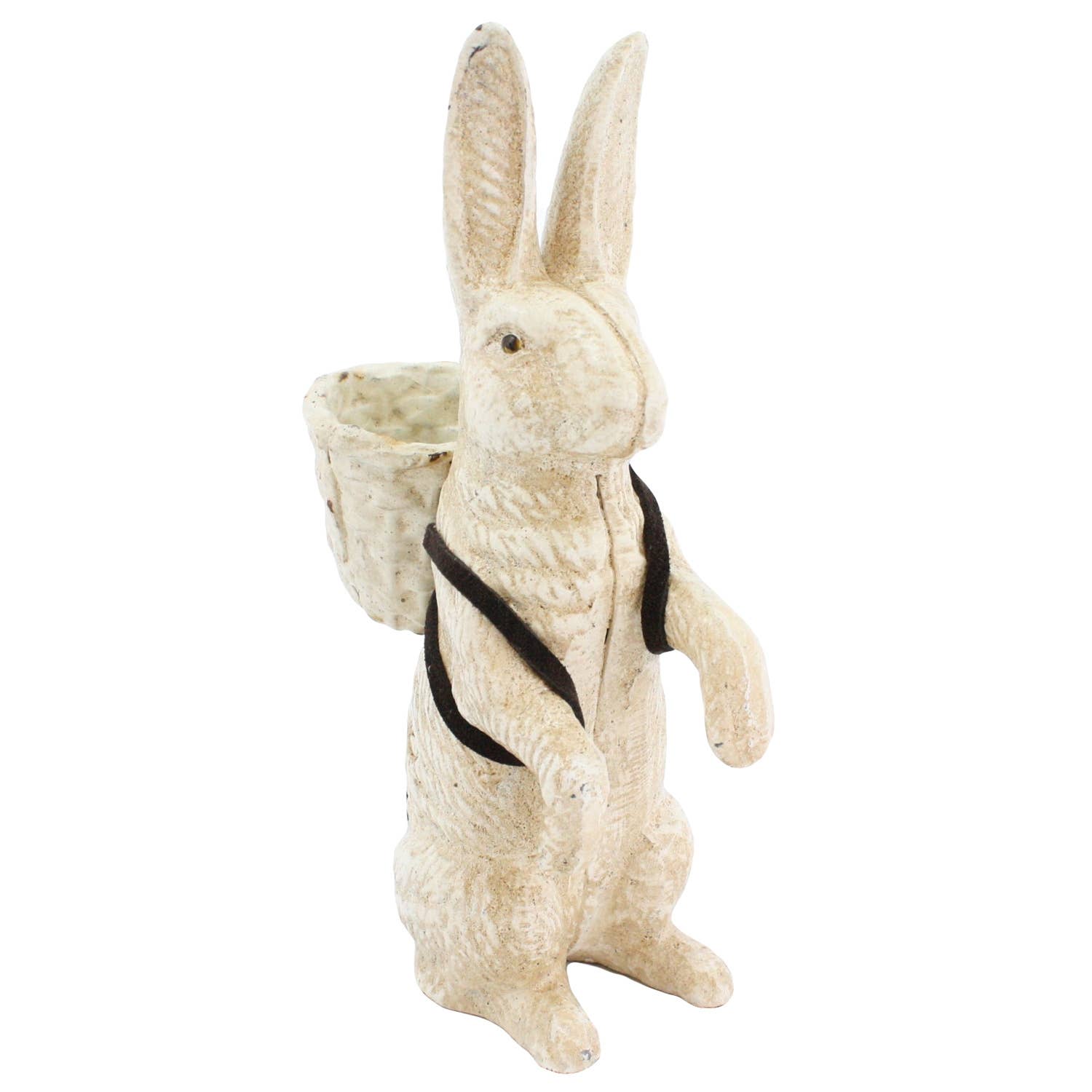 Mr. Hamilton by HomArt is a cast iron figurine in antique white, standing upright with a black strap harness and a textured basket—a charming accent for your home decor.