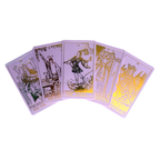 Five cards from the Lavender Gold Foil Tarot & Guide | Classic Tarot Design by Vieux Monde are fanned out, displaying The Emperor, The Magician, The Fool, The High Priestess, and The Empress.