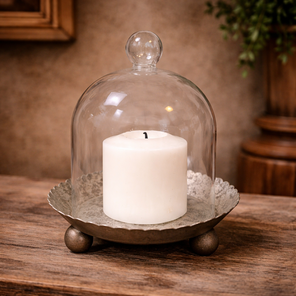 A white pillar candle sits on the Vagabond Vintage Cloche Candle Holder with Metal Plate: Gold, a stylish cloche with gold plate and round feet—perfect for enhancing your decor on any wooden surface.