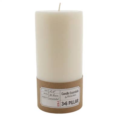 The HomArt Pillar 3 x 6 - Ivory is a large, unscented paraffin candle with a single wick and brown paper label, offering up to 80 hours of burn time.