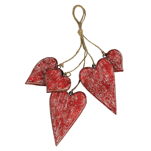 The HomArt Bunch of Hearts, Wood features five rustic red wooden hearts with a distressed finish, all hanging from twine—an ideal addition to any rustic heart decor.