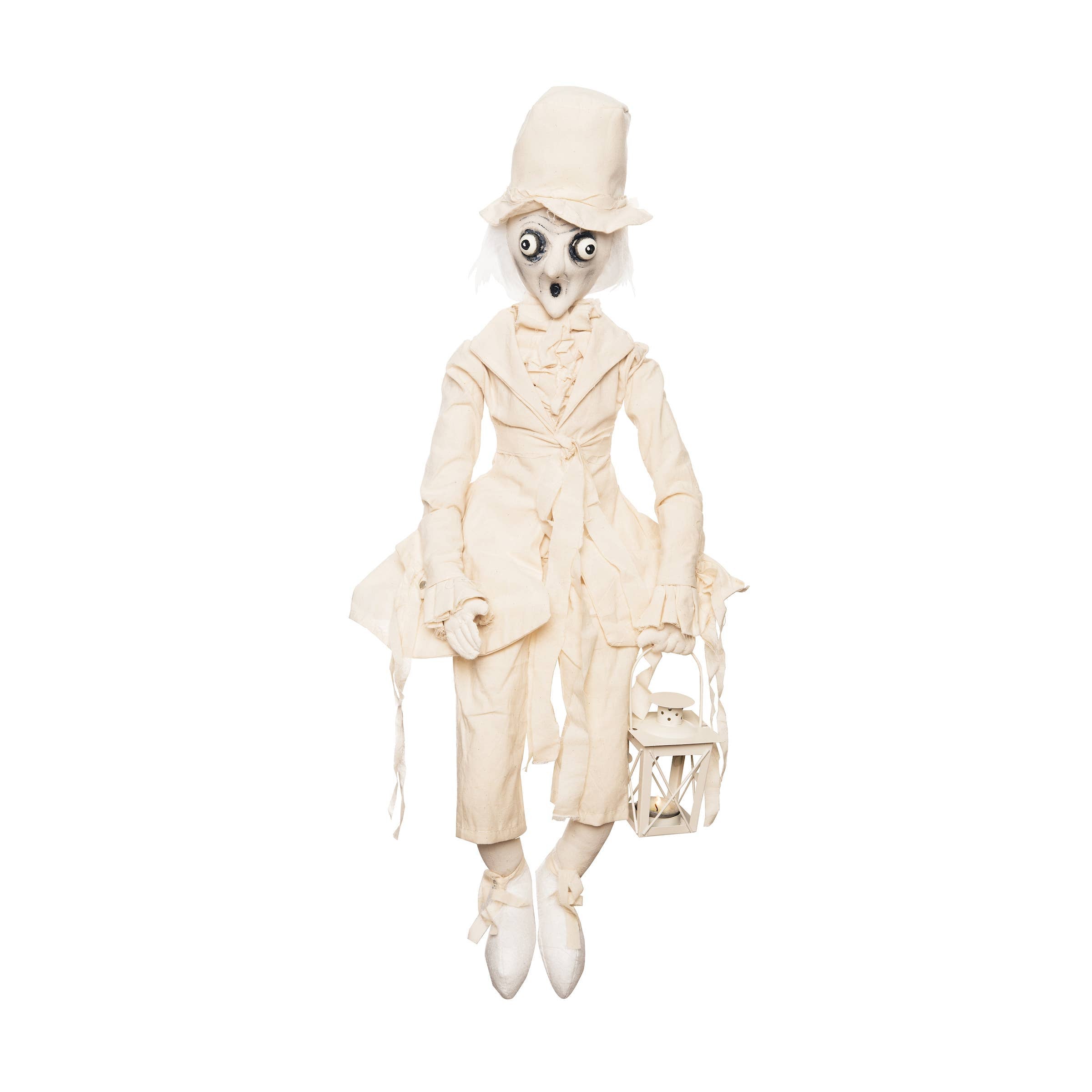 The Gary Ghost Gathered Traditions Art Doll by C&F Home features a handcrafted design, all-white suit and tall hat, wide round eyes with a surprised look, and holds a lantern in one hand, standing out against a plain white background.
