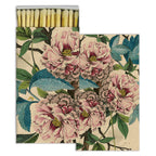 HomArt’s Matches - French Peony feature a floral design with bold pink and cream flowers, green leaves, and stems on a light background. The partially open box reveals yellow-tipped safety matches—an ideal hostess gift.