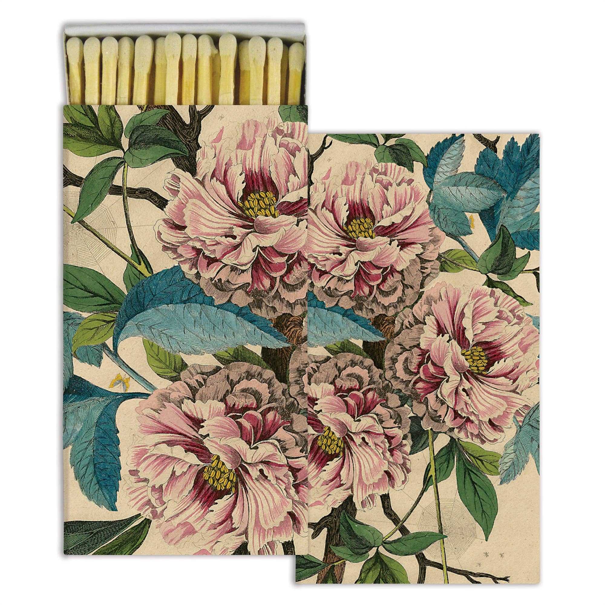 HomArt’s Matches - French Peony feature a floral design with bold pink and cream flowers, green leaves, and stems on a light background. The partially open box reveals yellow-tipped safety matches—an ideal hostess gift.