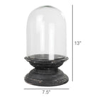 The HomArt Arroyo Dome with Wood Base, Black - Lrg features a clear glass cloche with a rounded dome on a distressed black wood and glass base. Ideal for display, it measures 13"H x 7.5"W as shown by labels in the image.