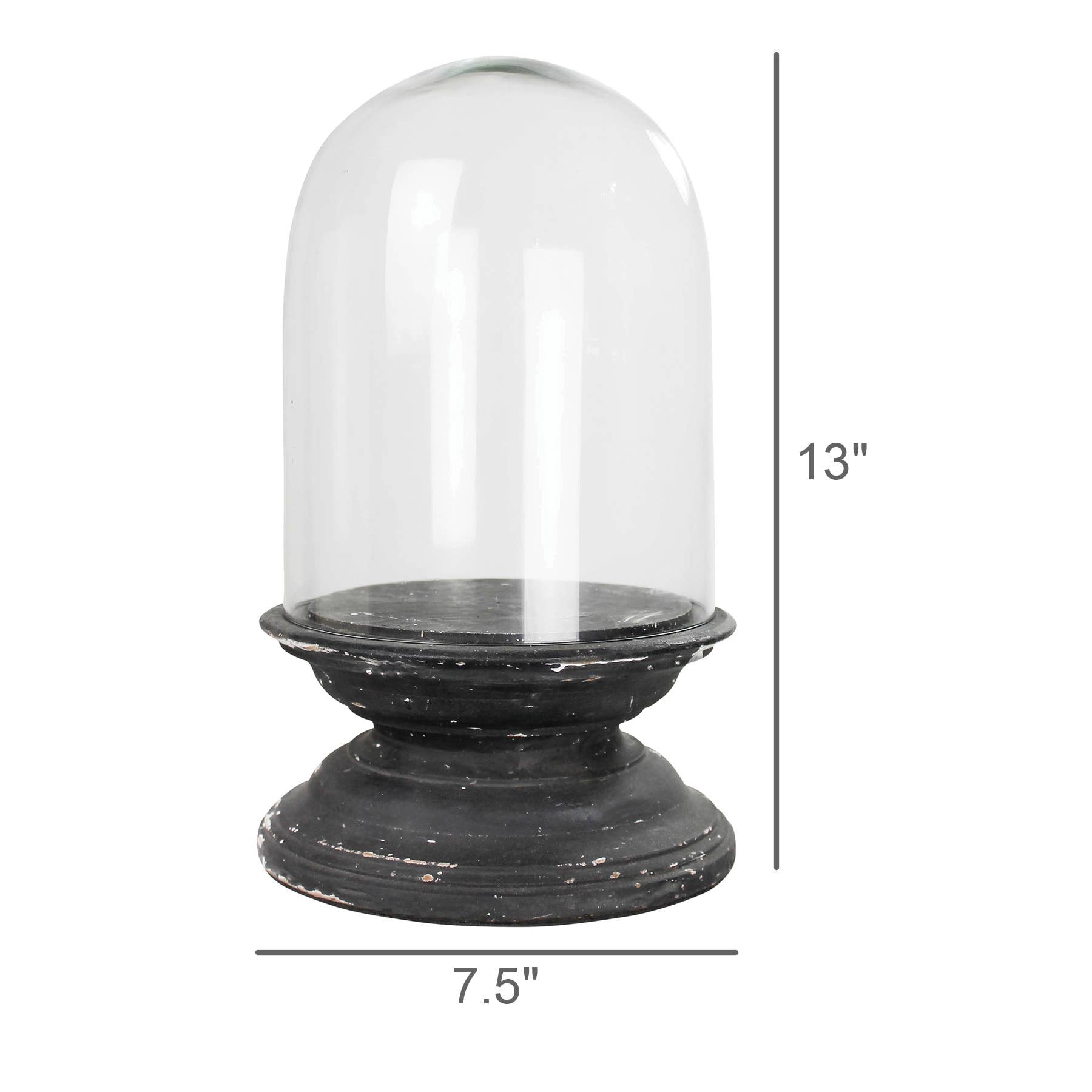 The HomArt Arroyo Dome with Wood Base, Black - Lrg features a clear glass cloche with a rounded dome on a distressed black wood and glass base. Ideal for display, it measures 13"H x 7.5"W as shown by labels in the image.
