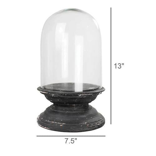 The HomArt Arroyo Dome with Wood Base, Black - Lrg features a clear glass cloche with a rounded dome on a distressed black wood and glass base. Ideal for display, it measures 13"H x 7.5"W as shown by labels in the image.