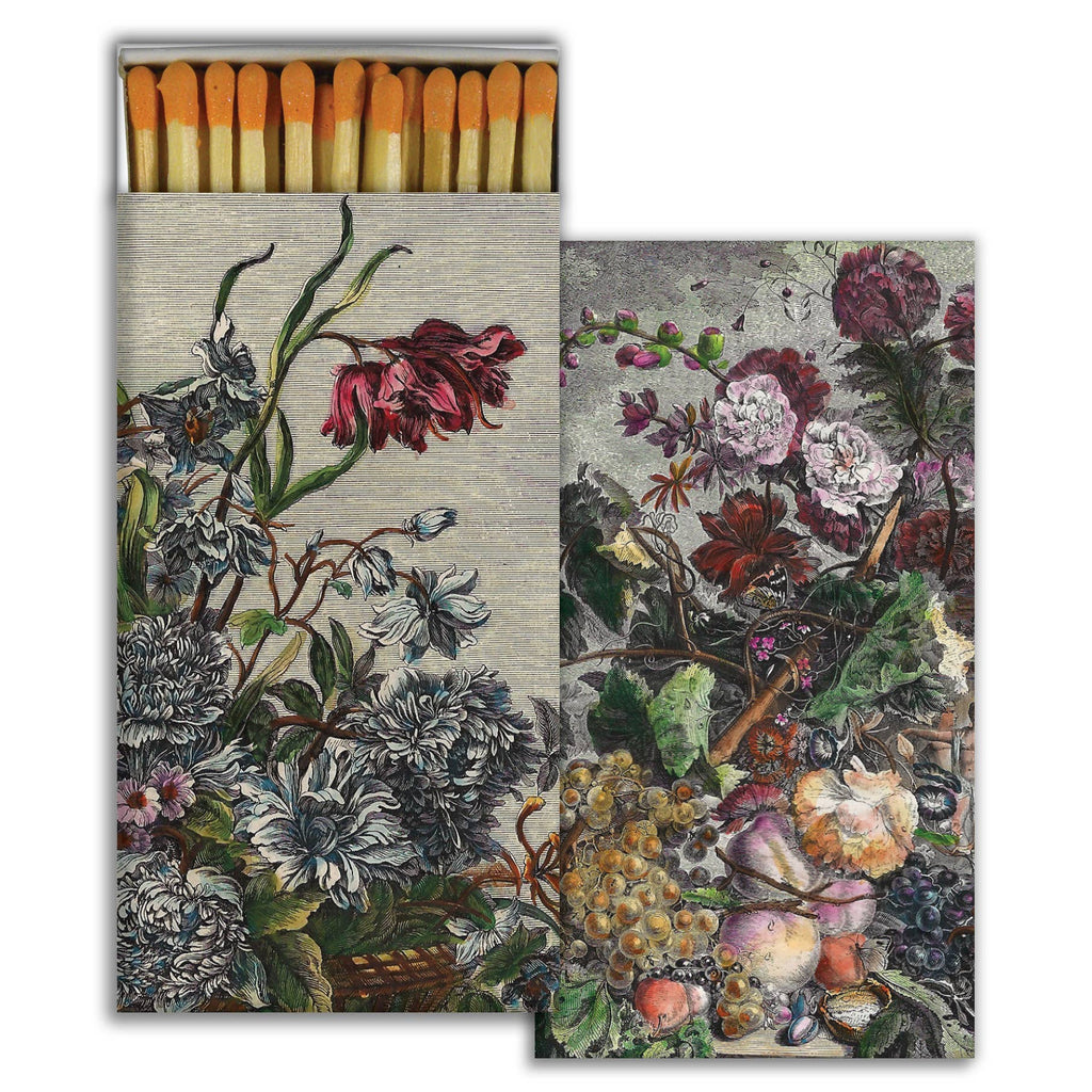 HomArt’s Match - French Floral features a box of safety matches with a vintage-style floral and fruit illustration—roses, grapes, and peonies. These unique match boxes double as charming decor, with match heads visible above the open box.