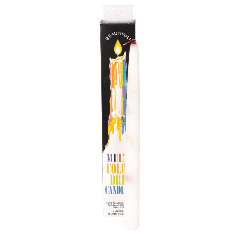 A box from Benjamin International holds a tall white Multi-Color Drip Candle. The packaging shows a white candle with vibrant colors dripping down and "MULTI COLOR DRIP CANDLE" in bold, colorful letters.
