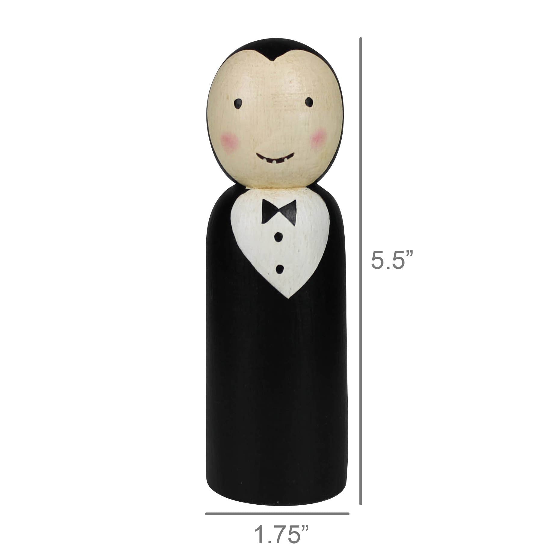 The HomArt Wood Vampire is a hand-painted, carved wood peg doll with fangs, rosy cheeks, and a black tuxedo. At 5.5" tall and 1.75" wide, it’s a charming Halloween decor piece for your seasonal display.