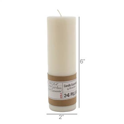 The HomArt Pillar 2 x 6 - Ivory is an unscented ivory candle made from paraffin palm wax, measuring 6" tall by 2" diameter, featuring a bottom label and designed for long-lasting burn time.