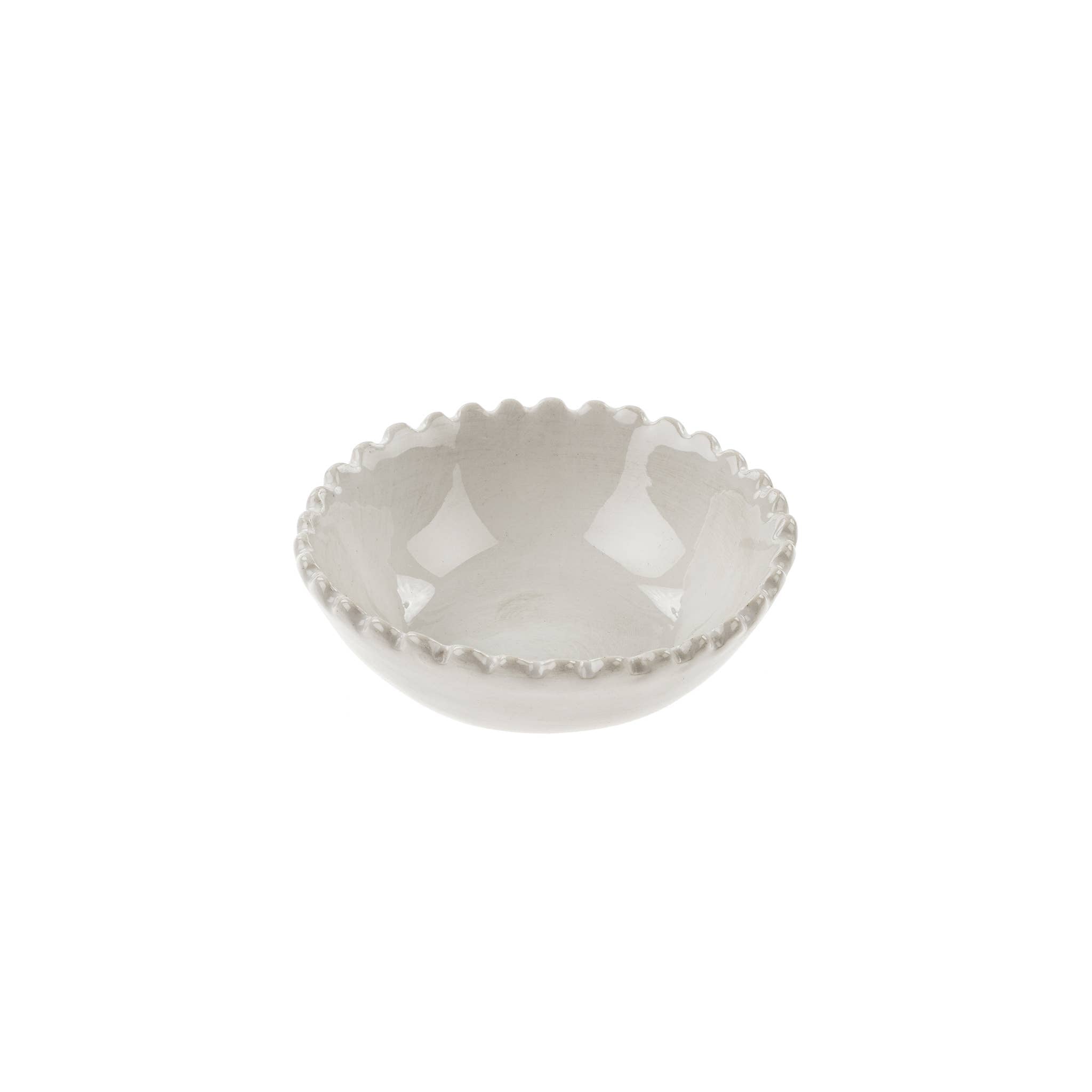 The Scalloped Bowl XS by Indaba Trading is a small, round, handcrafted white stoneware bowl with a glossy finish and delicate scalloped edge, shown on a plain white background.