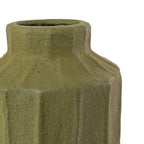 Close-up of the Foreside Home & Garden Matte Green Ceramic Vase, featuring a wide, ribbed body, narrow imperfect opening, and rough textured finish.