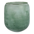 The HomArt Zale Vase is a round, frosted green glass piece with a smooth, translucent finish and wide opening—ideal as a candle hurricane or stylish centerpiece.