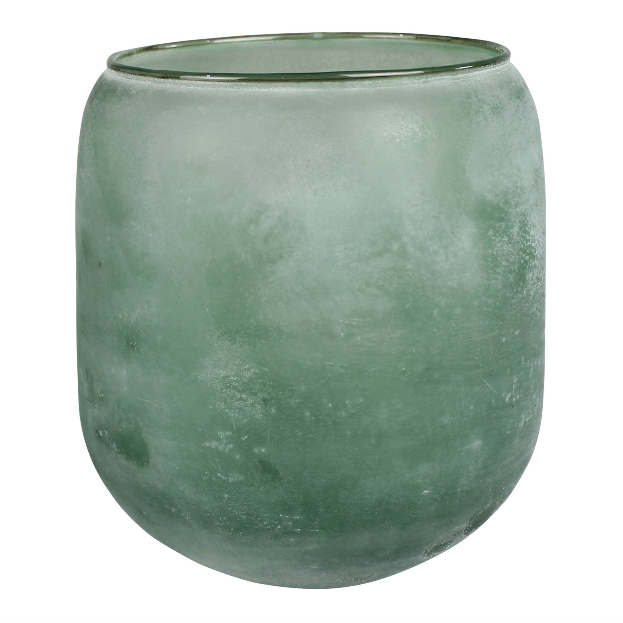 The HomArt Zale Vase is a round, frosted green glass piece with a smooth, translucent finish and wide opening—ideal as a candle hurricane or stylish centerpiece.