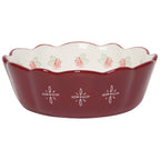 The Danica Heirloom Camellia Bowl Medium 5.75 inch features a red scalloped edge, white floral exterior, and red-green flower designs inside—perfect for adding rustic farmhouse charm.