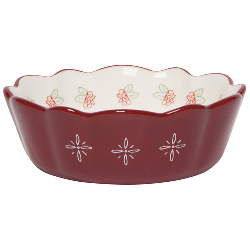 The Danica Heirloom Camellia Bowl Medium 5.75 inch features a red scalloped edge, white floral exterior, and red-green flower designs inside—perfect for adding rustic farmhouse charm.