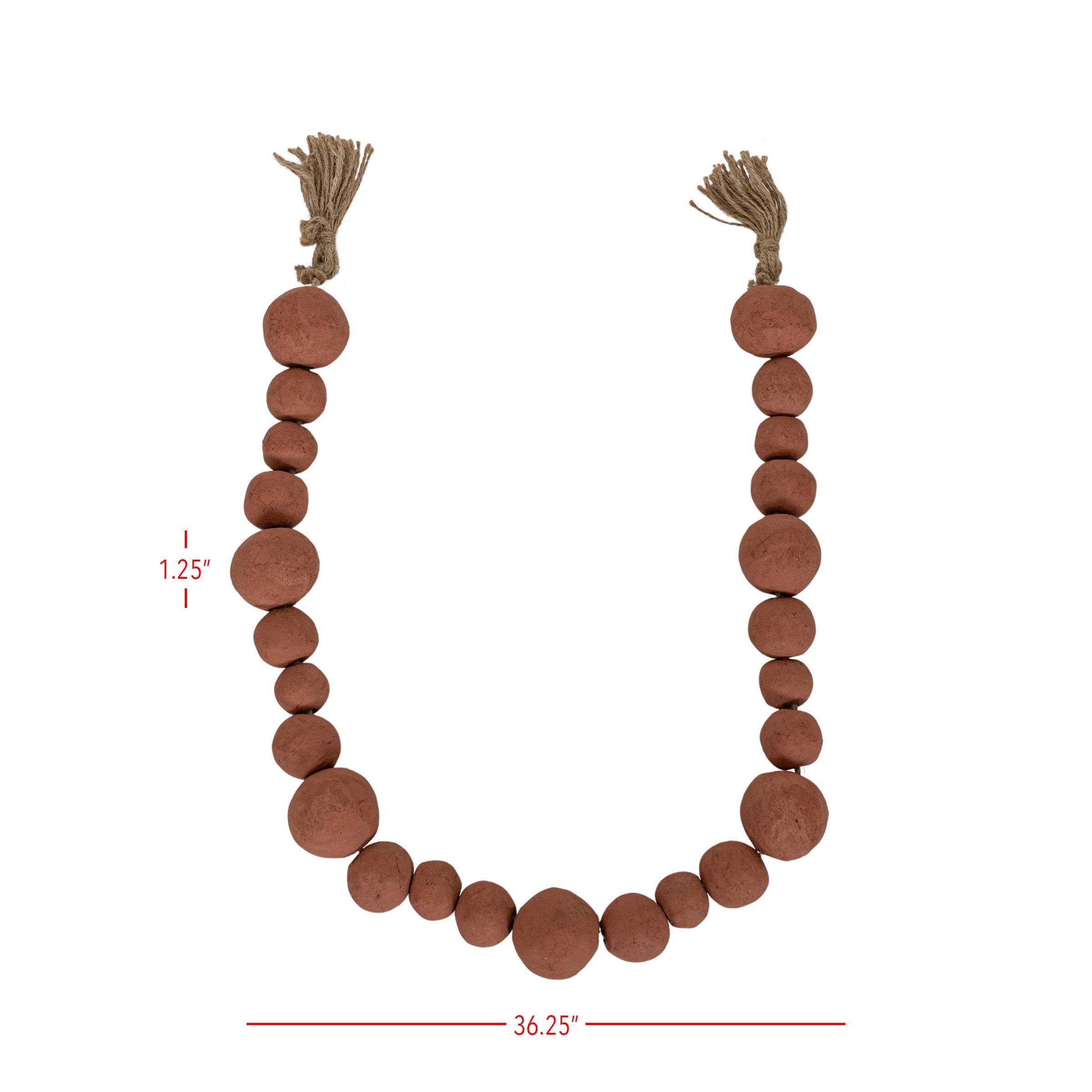 The Clay Garland Terracotta + Jute by Foreside Home & Garden features hand-formed, round terracotta clay beads in various sizes with knotted jute tassels at each end. Largest bead: 1.25", total length: 36.25". Handcrafted in India.