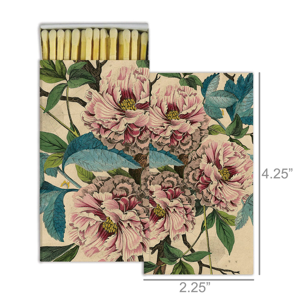 HomArt’s Matches - French Peony feature a floral design with big pink and red peonies and green leaves. The box (4.25" x 2.25") comes partially open to show the matches inside—an ideal hostess gift.
