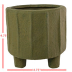 The Foreside Home & Garden Matte Green Ceramic Pot Small is a hand-glazed, textured, cylindrical planter with subtle vertical ridges and three short legs. Measures 4.75" in height and width—perfect for displaying your favorite plants.