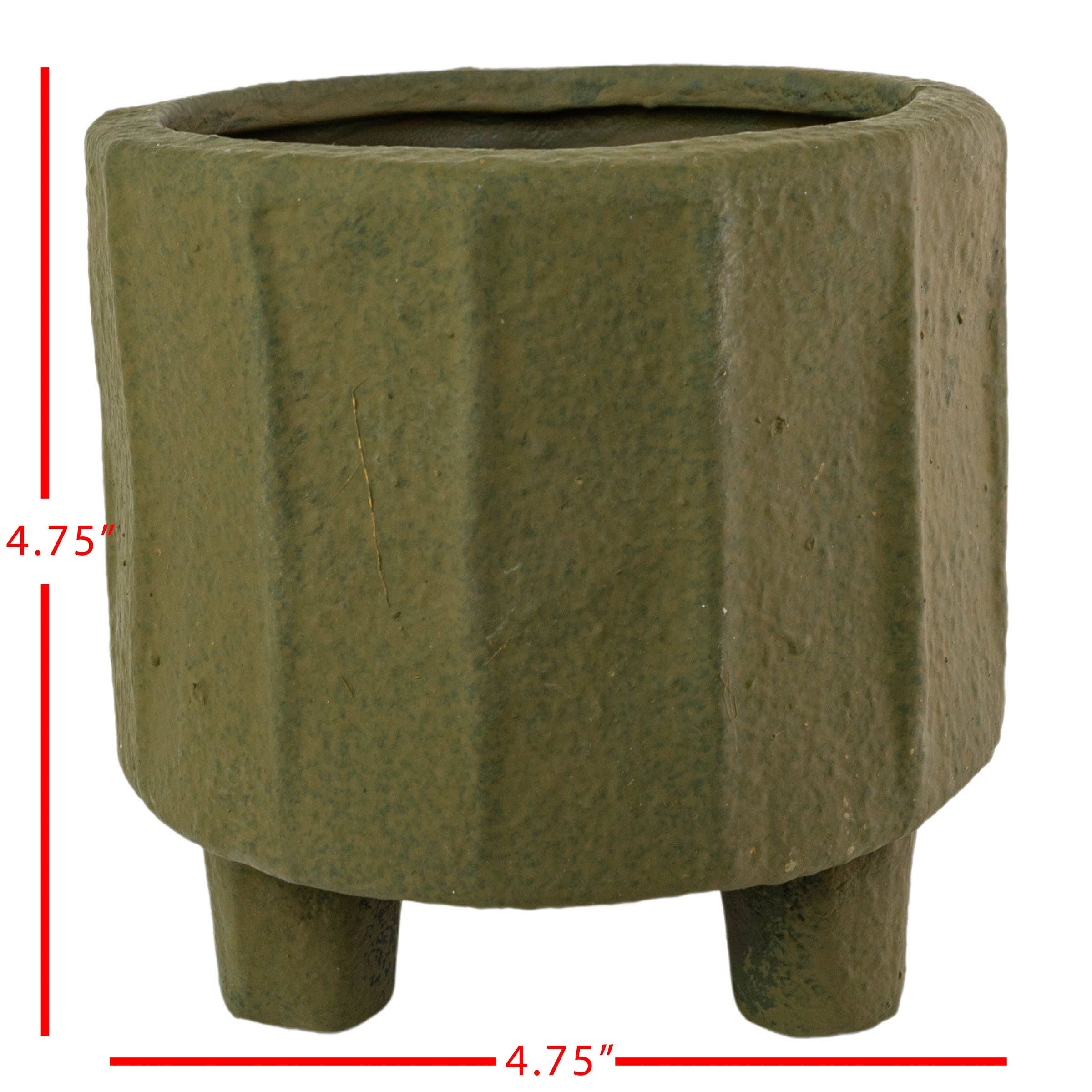 The Foreside Home & Garden Matte Green Ceramic Pot Small is a hand-glazed, textured, cylindrical planter with subtle vertical ridges and three short legs. Measures 4.75" in height and width—perfect for displaying your favorite plants.