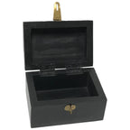 The Standing Horse Antiqued Wood Box by Madison Bay Co. measures 4-3/4” and has a rectangular black mango wood design with gold-colored latch and hinges. Its hinged lid is open, showing an empty interior.