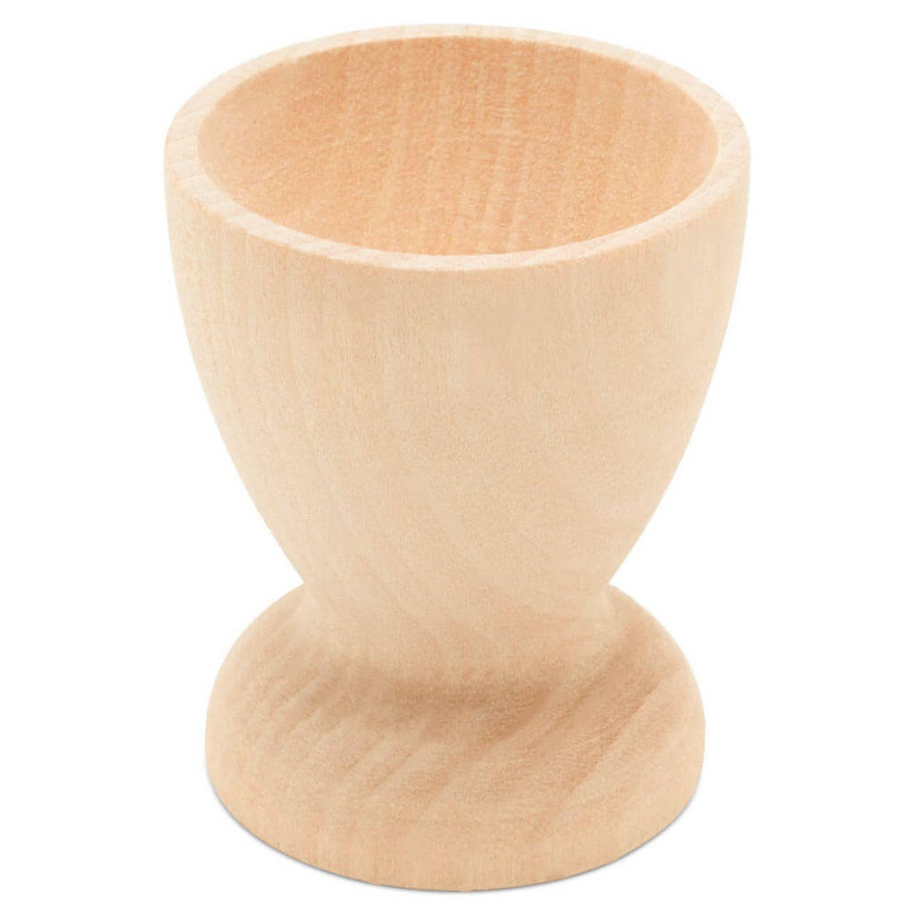 The Woodpeckers Crafts Wooden Egg Cup Holder features a smooth, unfinished wood surface and a simple, rounded design, shown against a white background.
