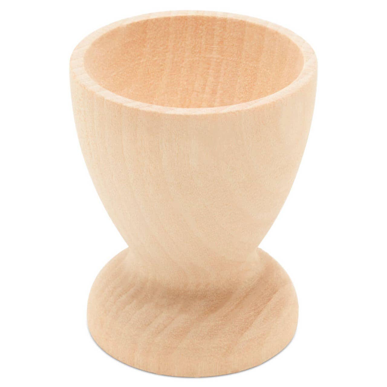 The Woodpeckers Crafts Wooden Egg Cup Holder features a smooth, unfinished wood surface and a simple, rounded design, shown against a white background.
