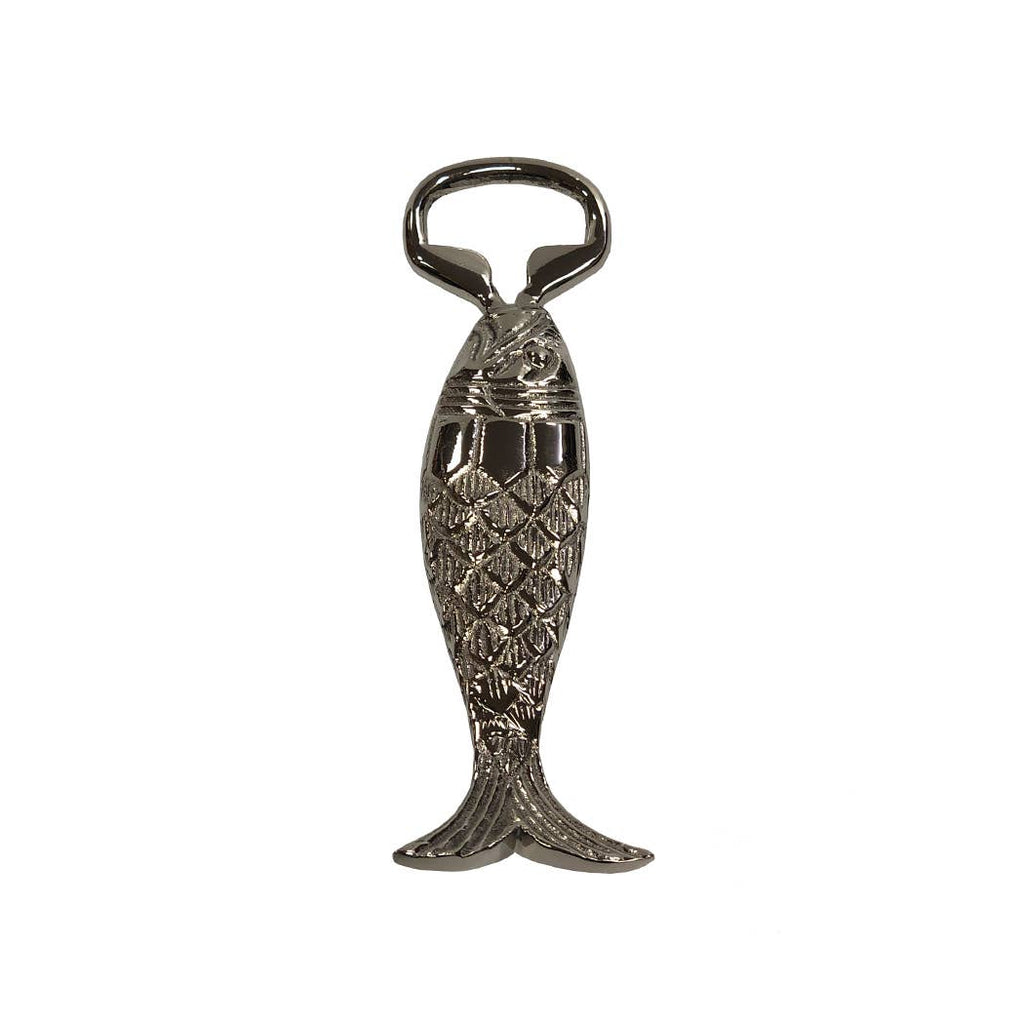 The Madison Bay Co. Nickel-Plated Brass Fish Bottle Opener, 6" long, features detailed scales and fins for a realistic look. Crafted from nickel-plated brass, its mouth serves as the opener while the textured body and tail add charm.