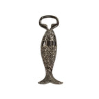 The Madison Bay Co. Nickel-Plated Brass Fish Bottle Opener, 6" long, features detailed scales and fins for a realistic look. Crafted from nickel-plated brass, its mouth serves as the opener while the textured body and tail add charm.