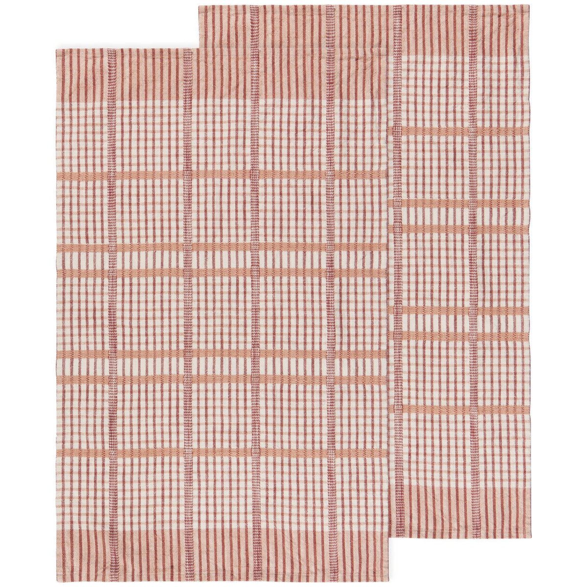 Rectangular rug with pink and white grid lines, inspired by Danica Heirloom’s Bisque Finley Check Dishtowels Set of 2. Features an L-shaped cut-out in one corner that disrupts the classic checked pattern.