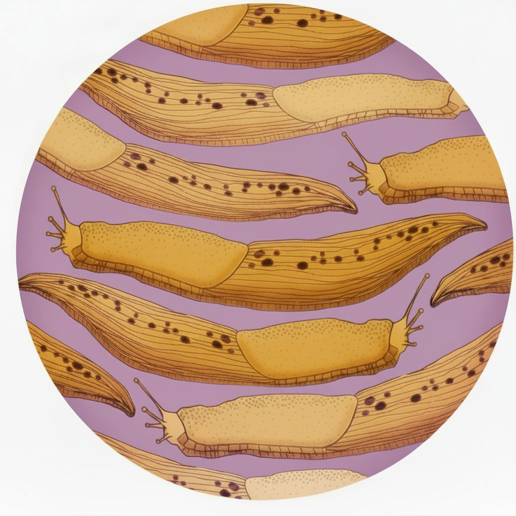 Pen+Pine’s Slugs Buttons feature hand-drawn illustrations of yellow and brown Northern California slugs with black spots and stripes, all arranged on a light purple background.