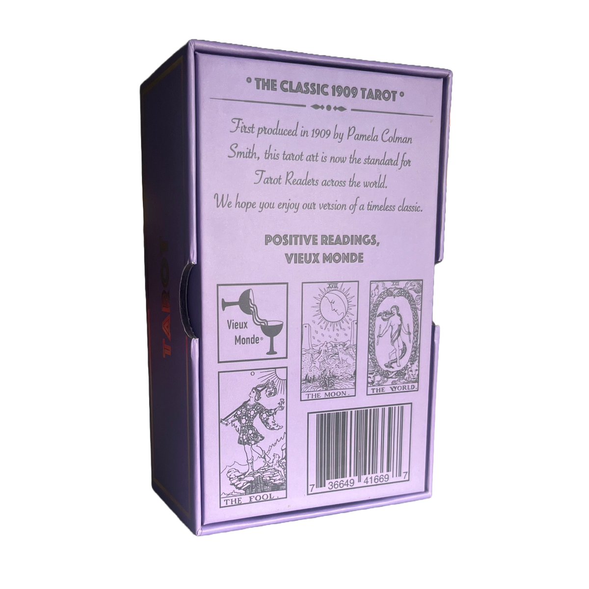 The Lavender Gold Foil Tarot & Guide | Classic Tarot Design by Vieux Monde features its 1909 origins, three Rider-Waite card illustrations, and a barcode—perfect for your tarot guidebook collection.
