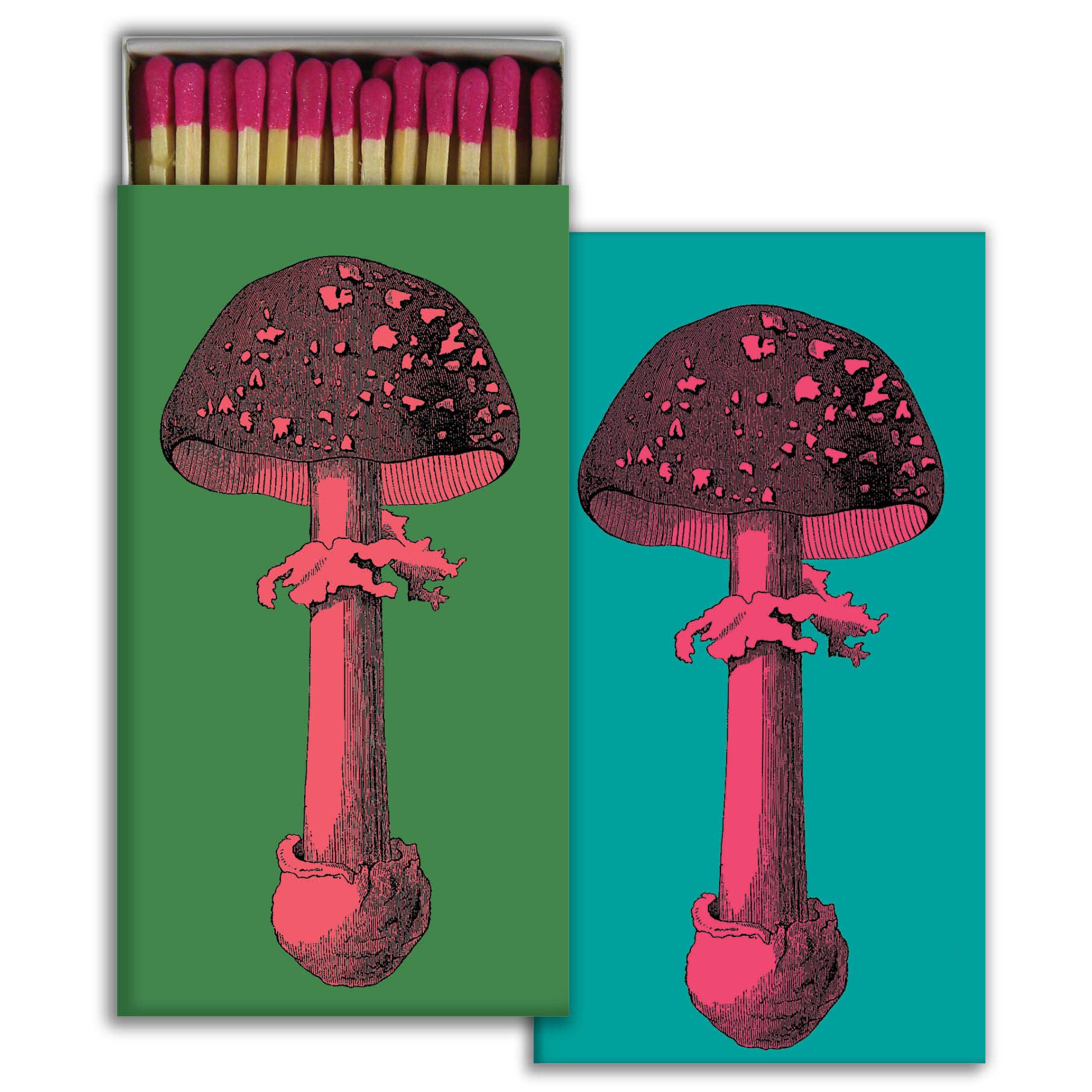HomArt’s Match - Tall Mushrooms features a detailed pink and black mushroom design on green, with a matching card on teal—ideal as stylish decor or a unique gift.